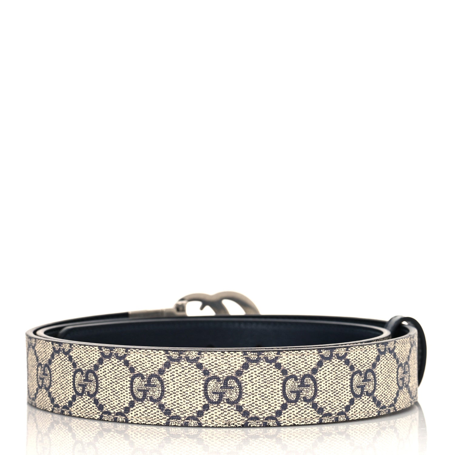 Gucci GG Supreme Monogram Plutone Calfskin Palladium Double G Reversible 30mm Belt 90 36 Beige Blue 2 of 7