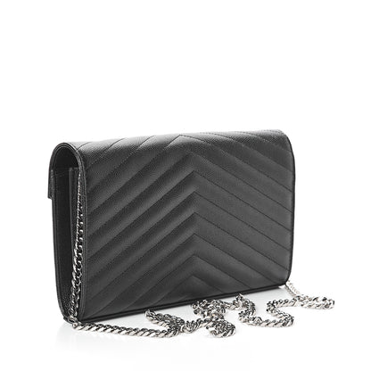Saint Laurent Grain De Poudre Matelasse Chevron Monogram Chain Wallet Black 2 of 8