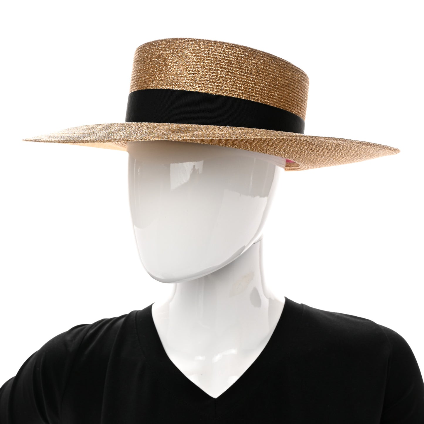 Glittered Straw Grosgrain Wide Brim Hat S Gold Black