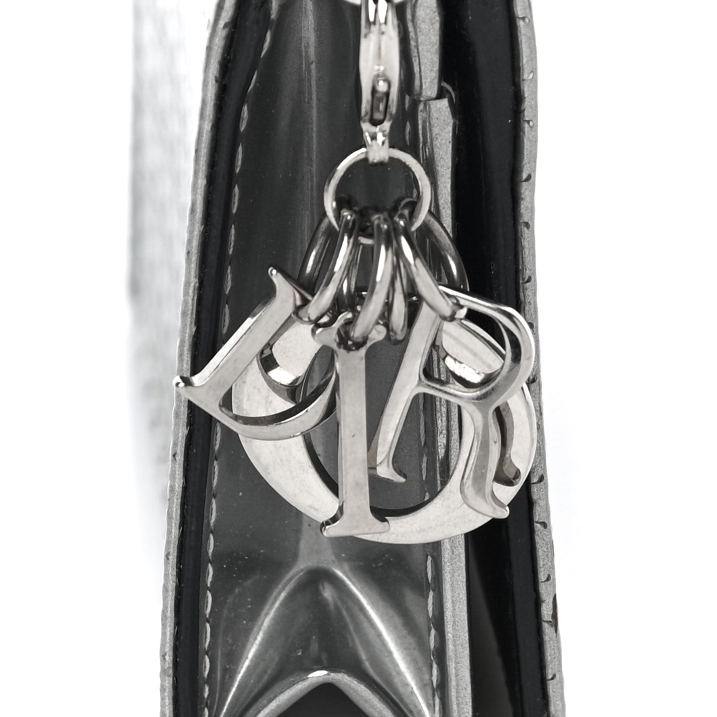 Metallic Patent Micro-Cannage Lady Dior Card Holder Silver