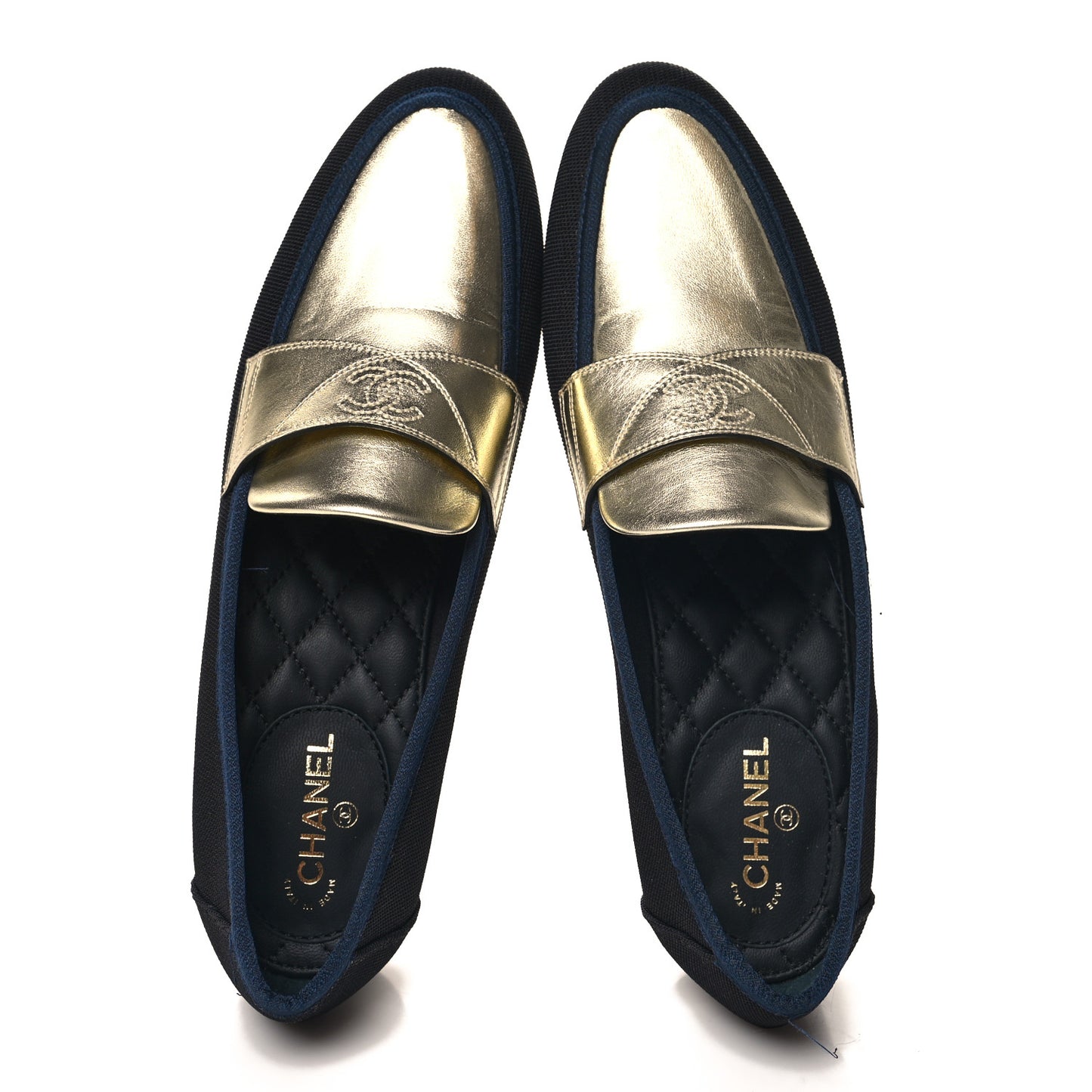 Iridescent Lambskin Fabric CC Mocassins 37.5 Gold Black