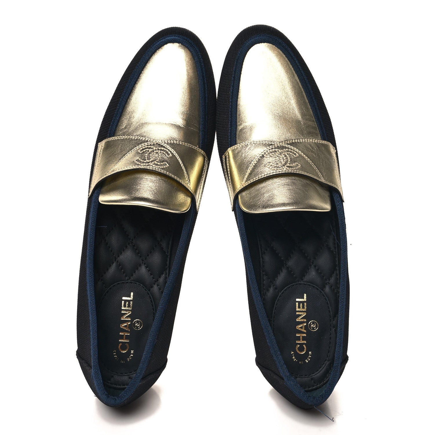 Chanel Iridescent Lambskin Fabric CC Mocassins 37.5 Gold Black 2 of 10