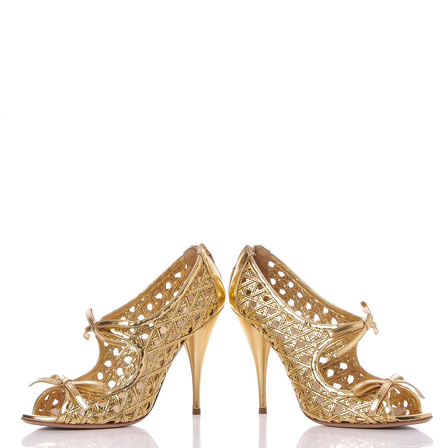 Prada Metallic Calfskin Woven Bow Peep Toe Pumps 39 Gold 6 of 17