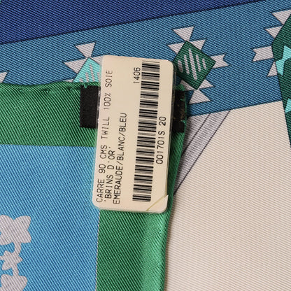 Hermes Silk Mousseline Brins D Or 90 Scarf Emeraude Blanc Bleu 7 of 7