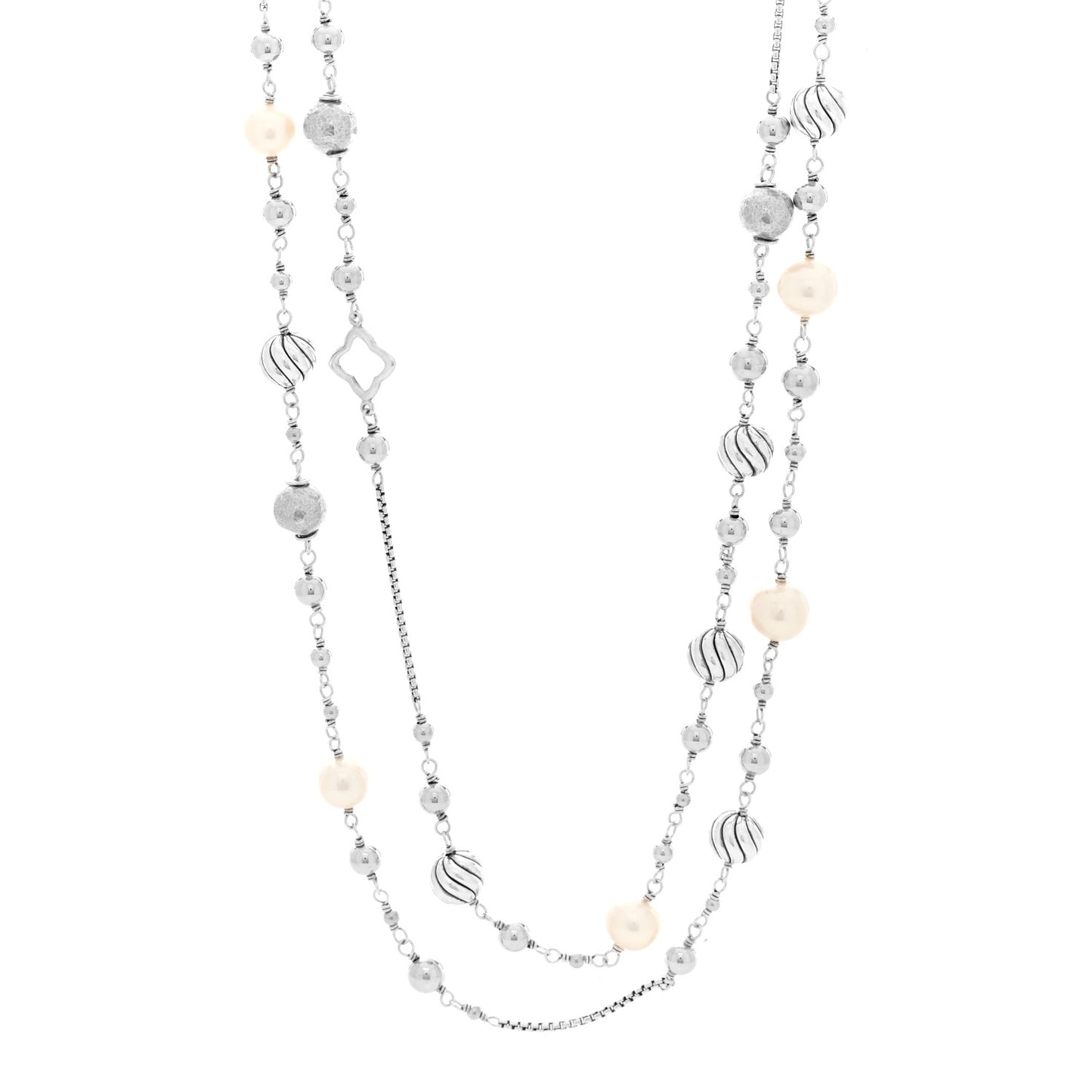 Sterling Silver Freshwater Cultured Pearl Quatrefoil Long Chain Necklace