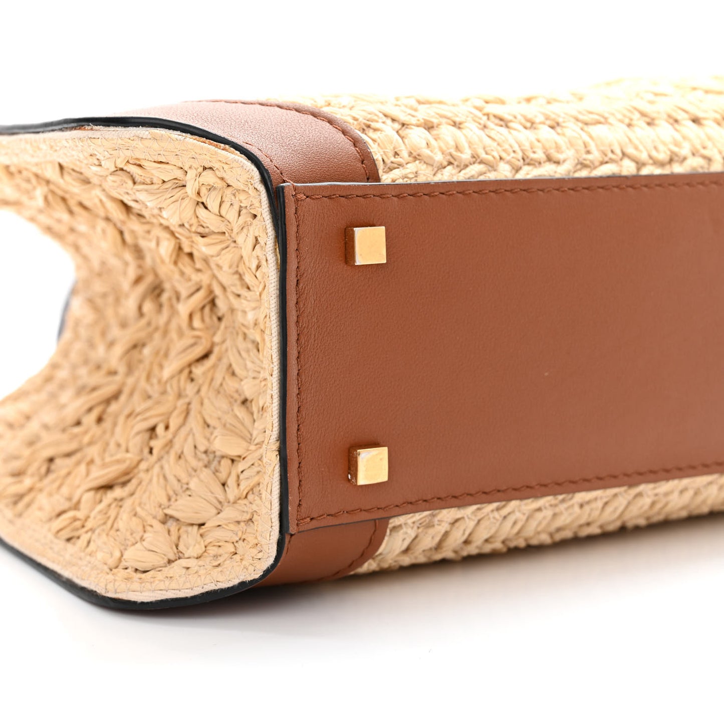 Raffia Calfskin Small Vlogo Signature Tote Natural Saddle Brown