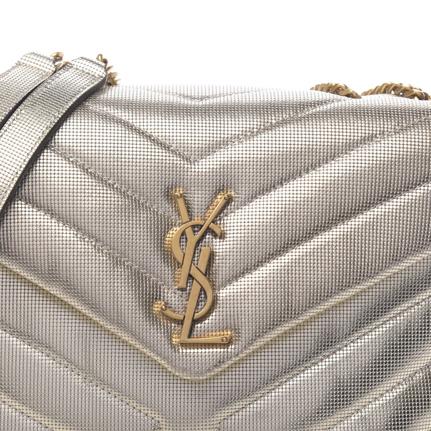 Metallic Calfskin Y Quilted Small Loulou Monogram Chain Satchel Platino