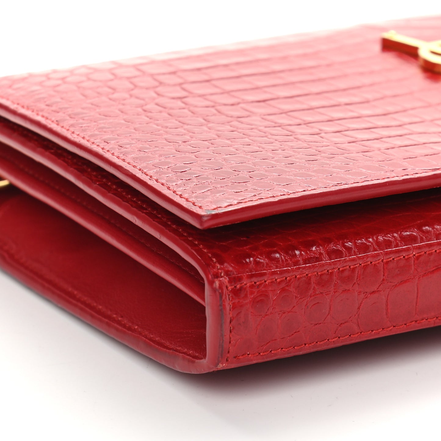 Calfskin Crocodile Embossed Monogram Chain Wallet New Lipstick Red