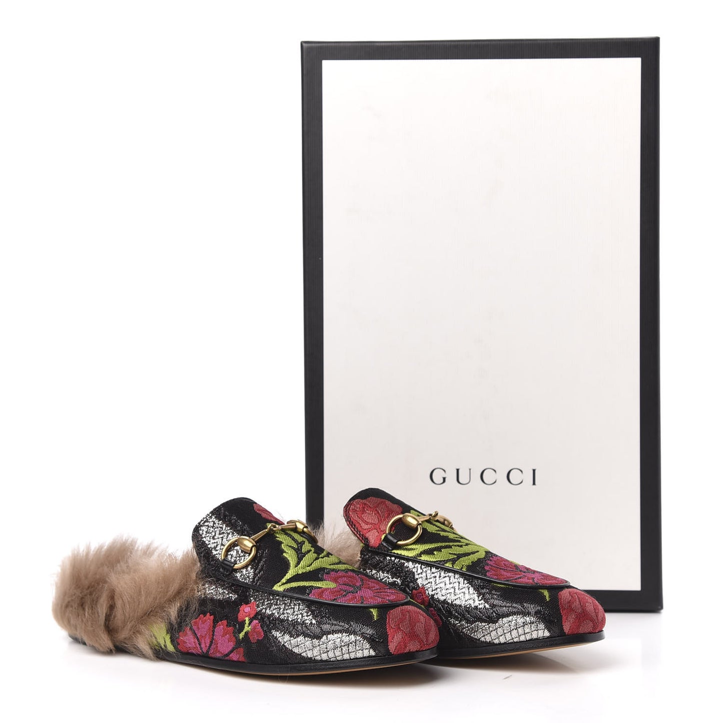 Brocade Fur Floral Womens Princetown Slippers 35 Black Anthracite