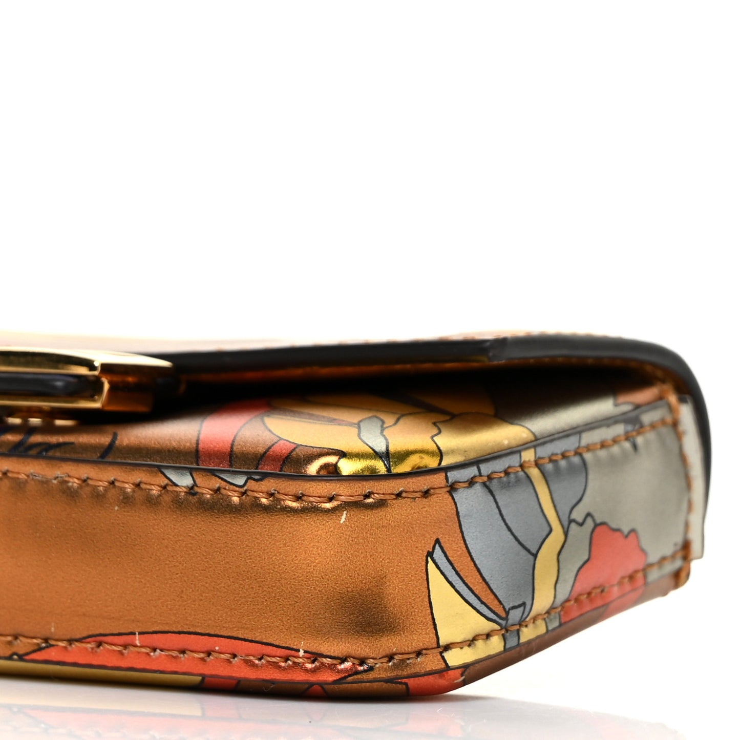 Metallic Calfskin Floral Nano Baguette Charm Bronze