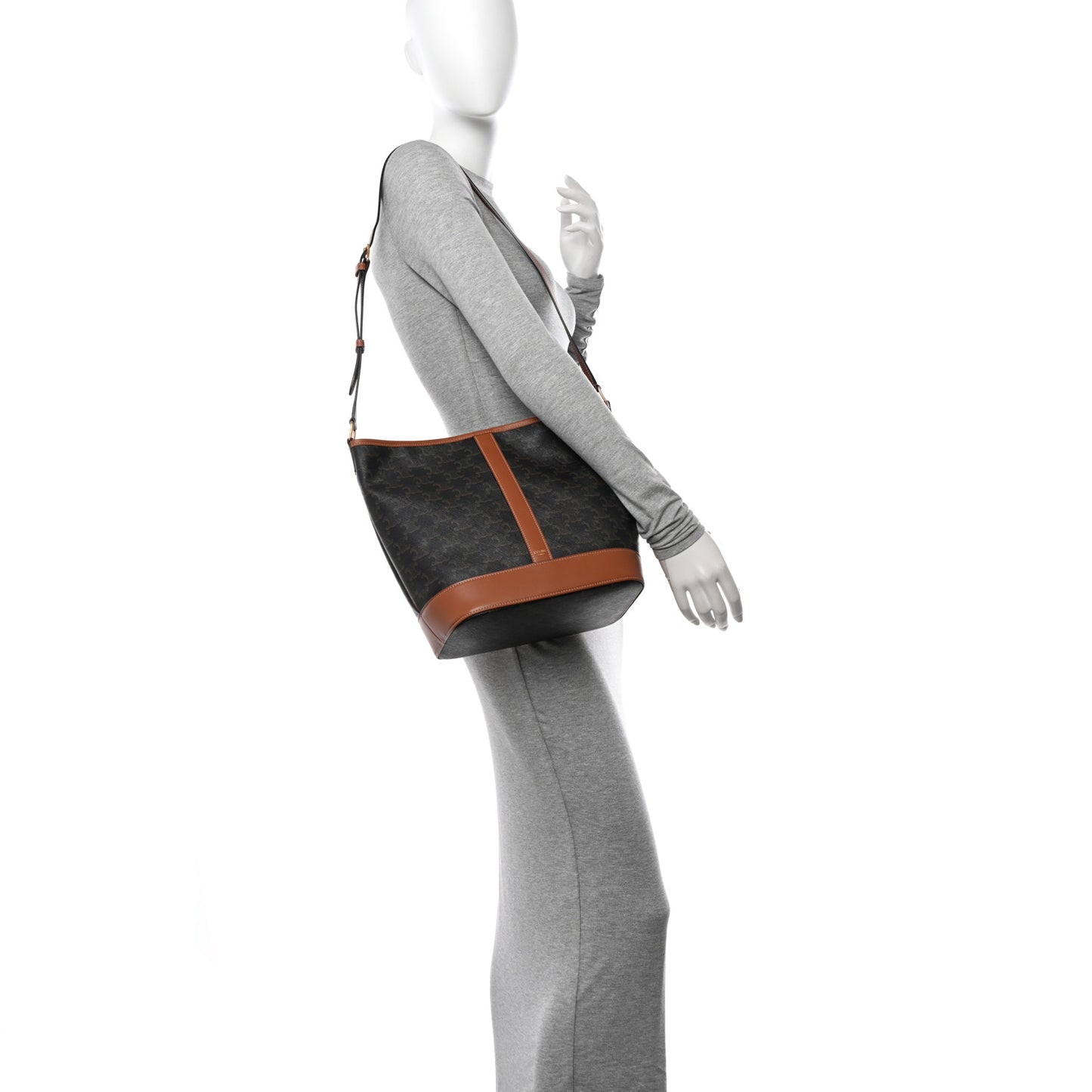 Triomphe Canvas Calfskin Medium Bucket Bag Tan