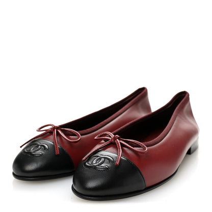 Chanel Lambskin Cap Toe CC Ballerina Flats 37 Burgundy Black 3 of 10