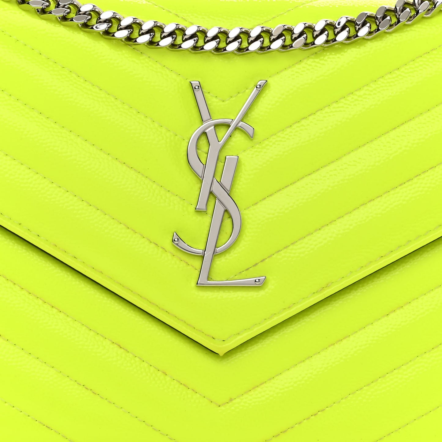 Patent Grain De Poudre Matelasse Chevron Monogram Chain Wallet Neon Yellow