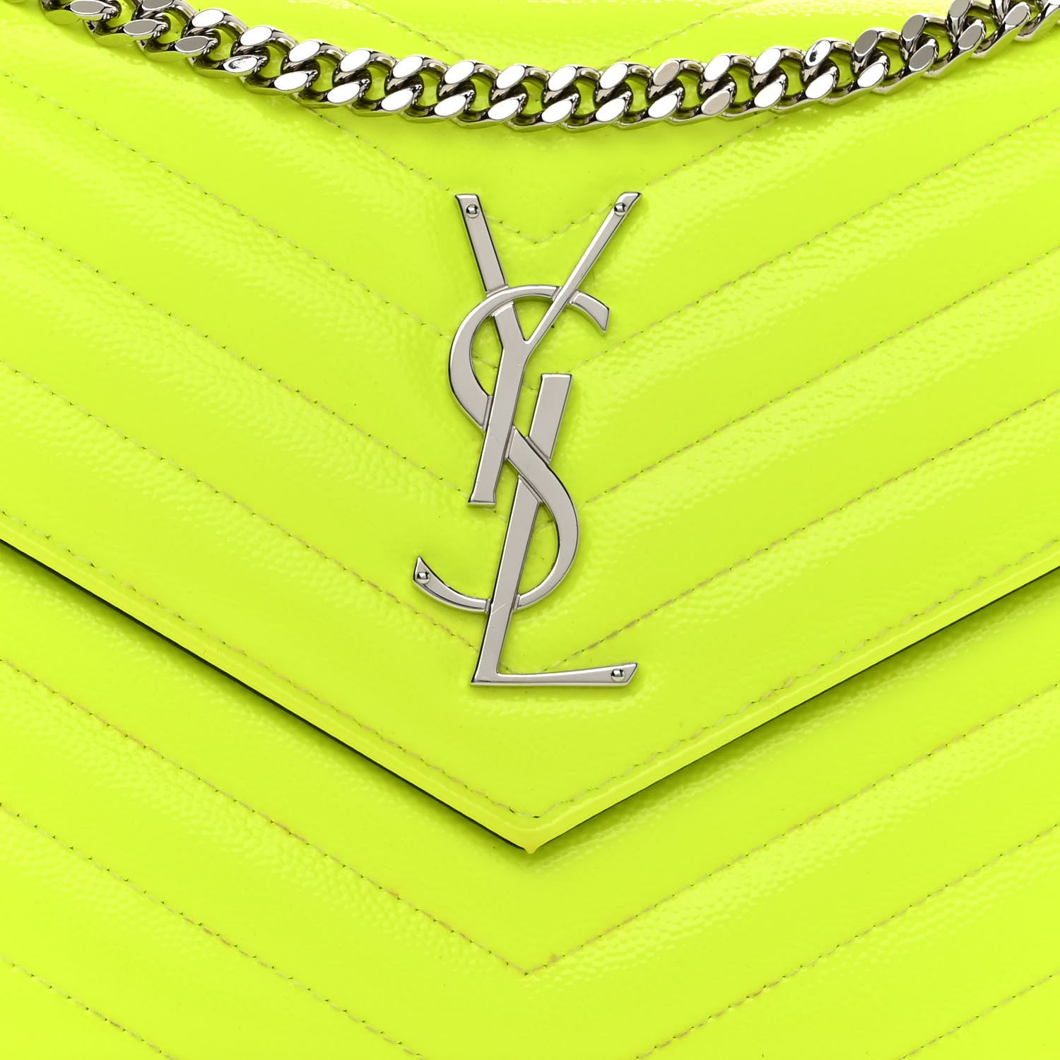 Saint Laurent Patent Grain De Poudre Matelasse Chevron Monogram Chain Wallet Neon Yellow 7 of 10