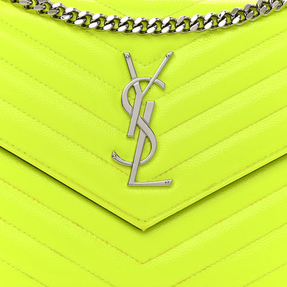 Saint Laurent Patent Grain De Poudre Matelasse Chevron Monogram Chain Wallet Neon Yellow 7 of 10