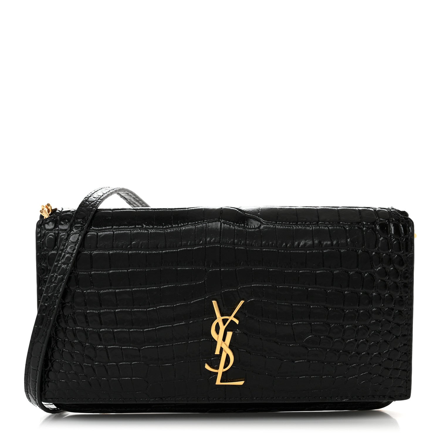 Saint Laurent Crocodile Embossed Monogram Phone Holder Crossbody Black 1 of 10