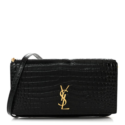 Saint Laurent Crocodile Embossed Monogram Phone Holder Crossbody Black 1 of 10