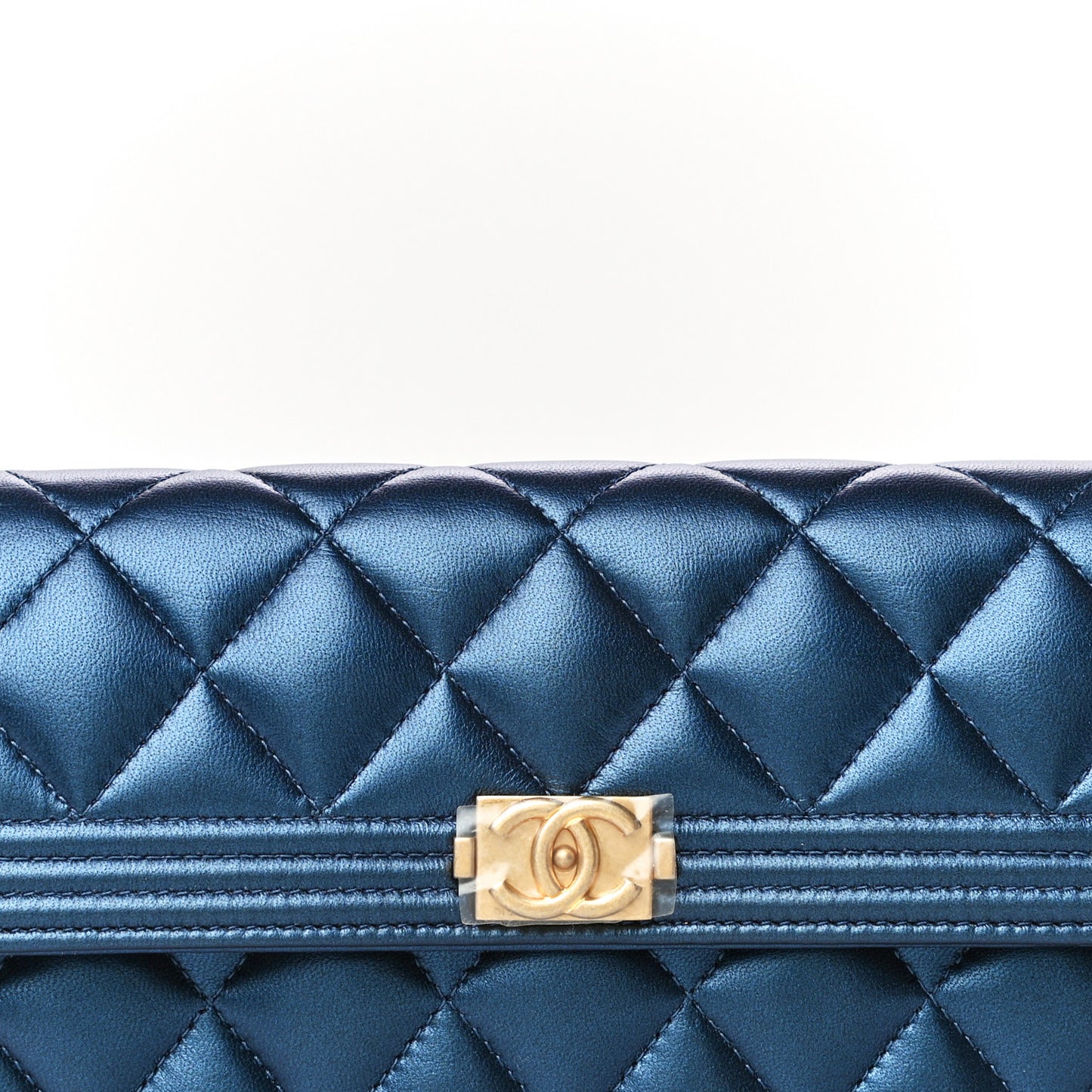 Metallic Lambskin Quilted Large Boy Gusset Flap Wallet Blue