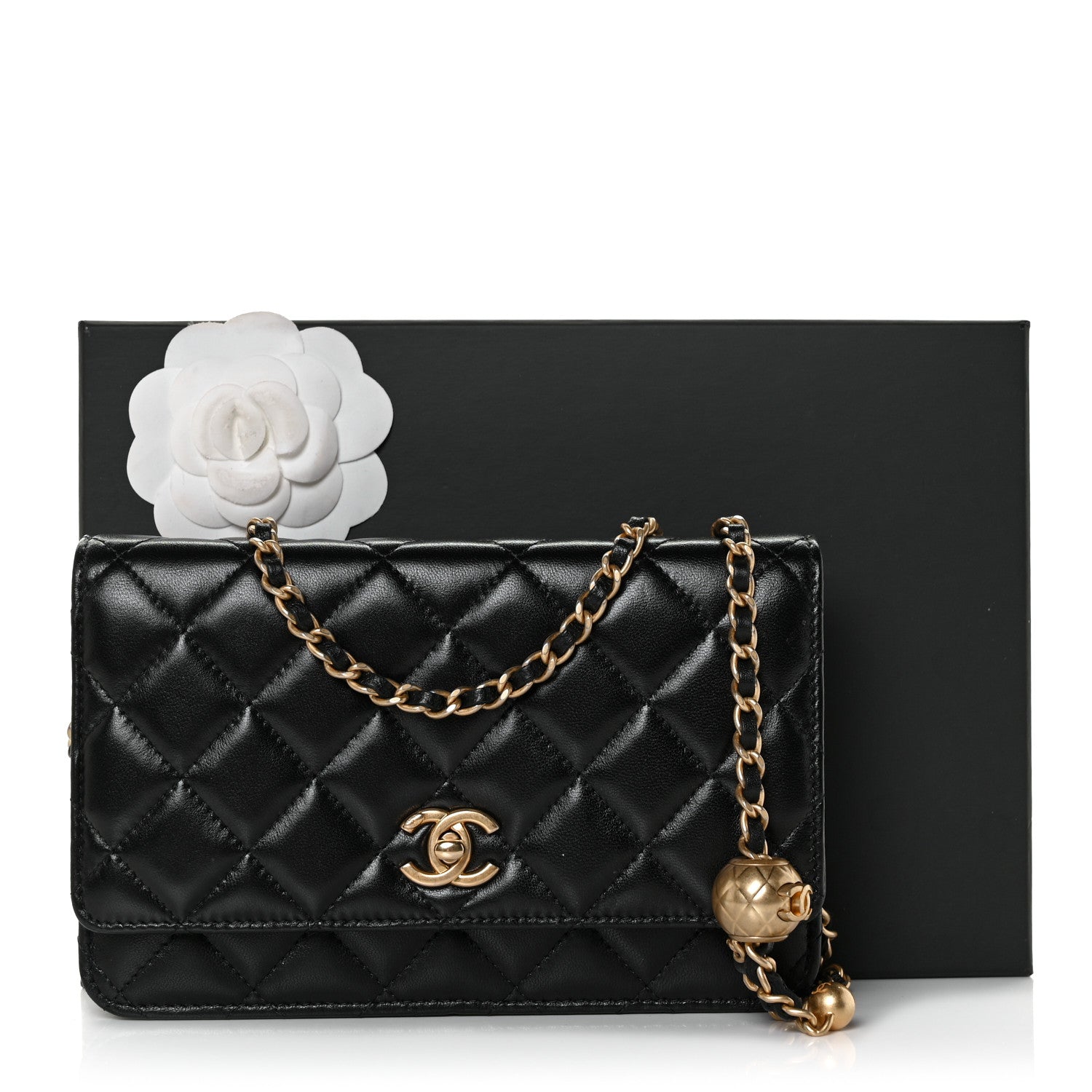 Chanel Lambskin Quilted CC Pearl Crush Wallet on Chain WOC Black 10 of 10