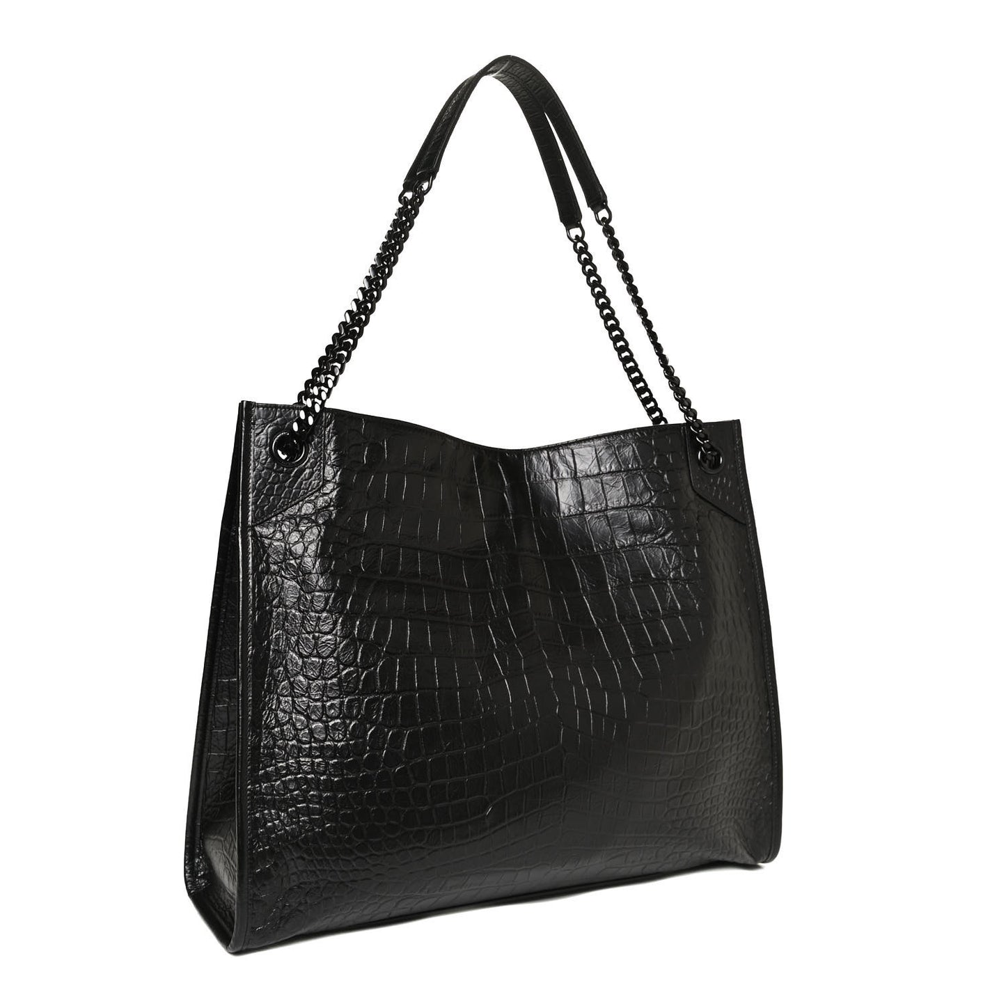 Calfskin Crocodile Embossed Monogram Large Niki Shopping Bag Black