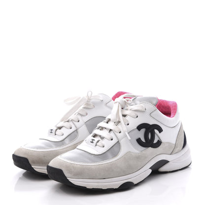 Chanel Calfskin Fabric Sneakers 38 White Silver Fluo Pink 2 of 10