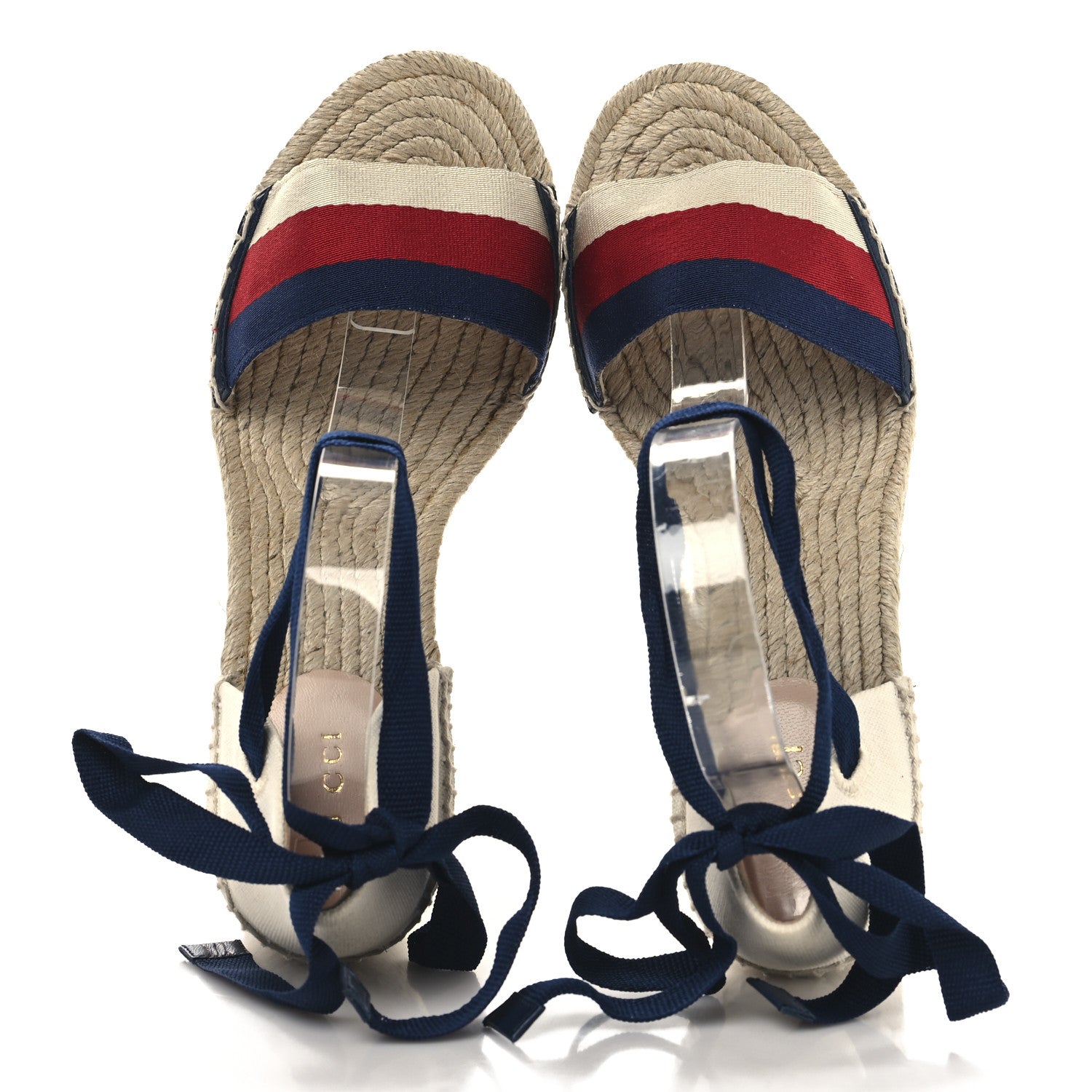 Gucci Canvas Sylvie Web Ankle Wrap Espadrille Wedge Sandals 39.5 Mystic White Hibiscus Red Maritime 2 of 9