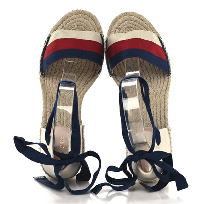 Gucci Canvas Sylvie Web Ankle Wrap Espadrille Wedge Sandals 39.5 Mystic White Hibiscus Red Maritime 2 of 9