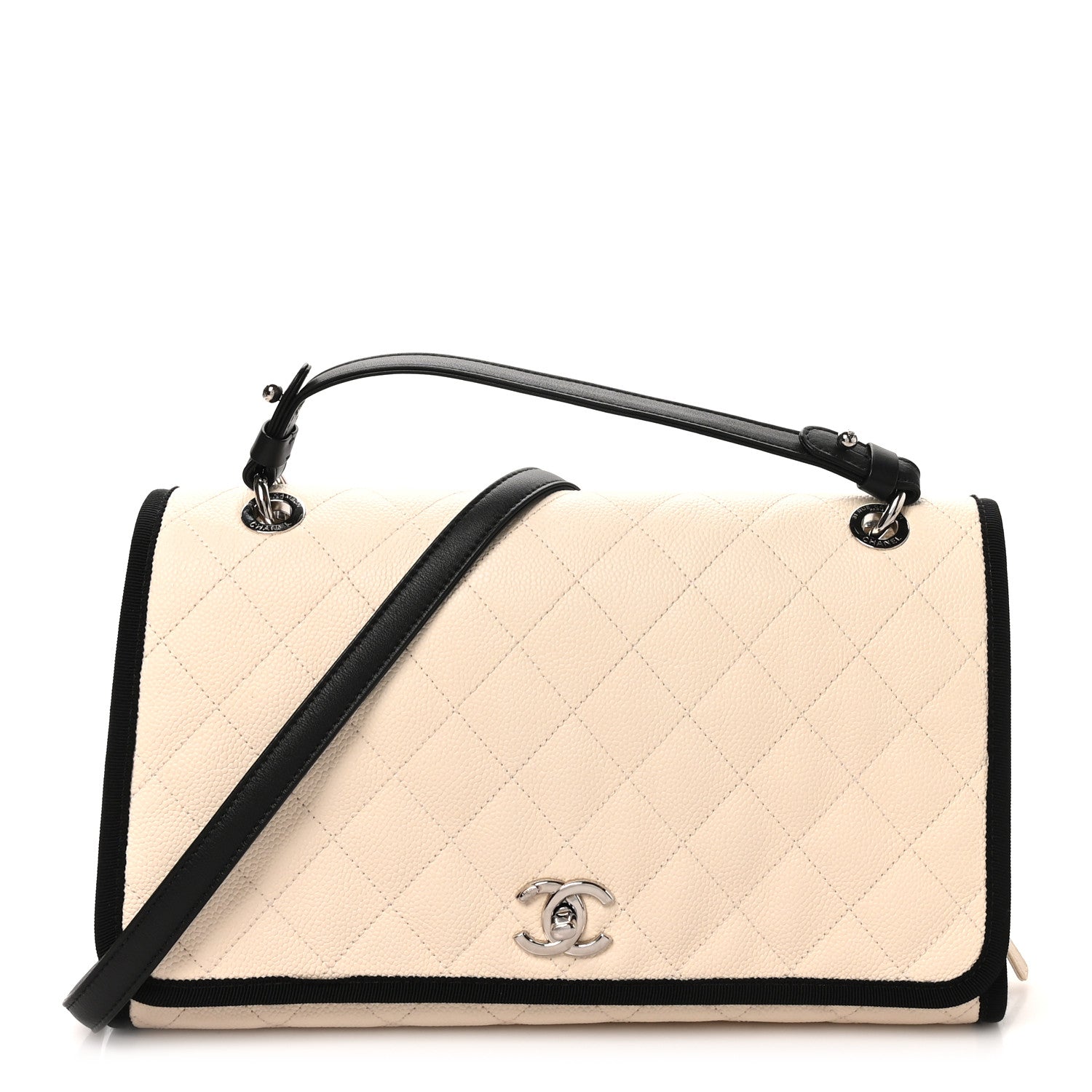Chanel Caviar Grosgrain Quilted Top Handle CC Flap Beige Black 1 of 9