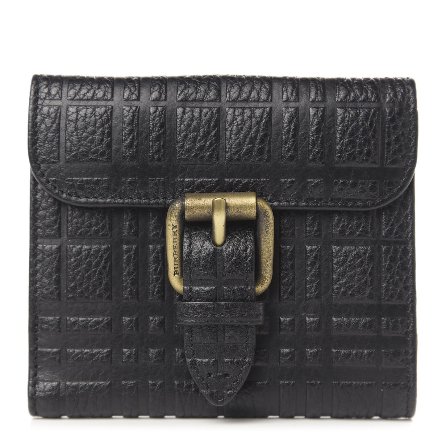 Signature Grain Calfskin Check Embossed Compact Wallet Black