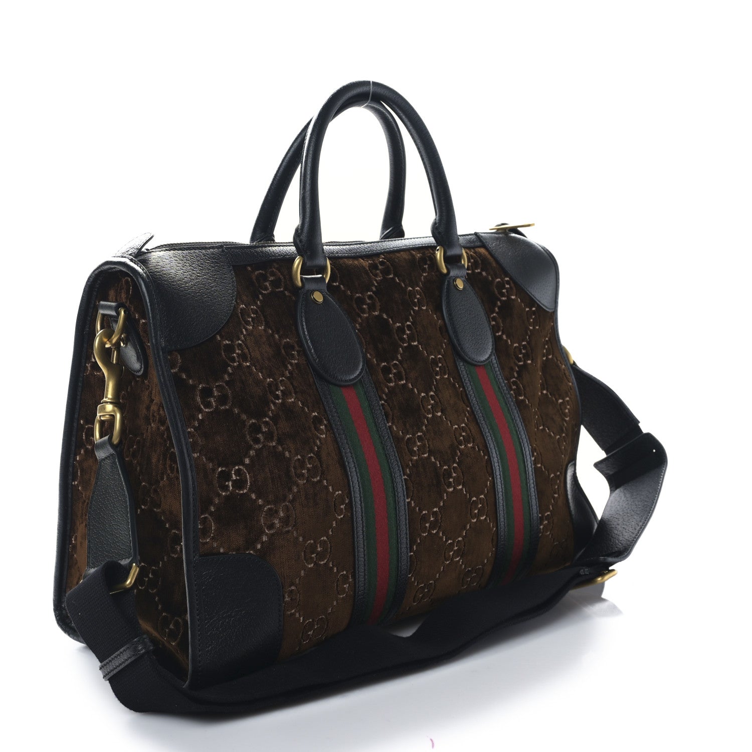 Gucci Velvet GG Monogram Textured Calfskin Web Medium Duffle Bag Brown Black 3 of 9