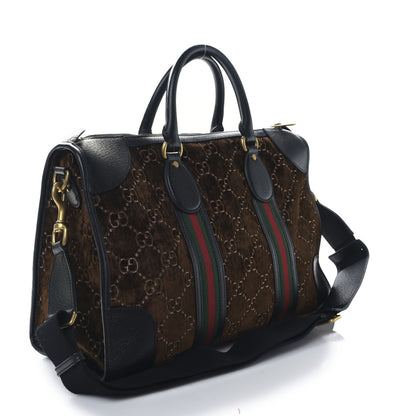 Gucci Velvet GG Monogram Textured Calfskin Web Medium Duffle Bag Brown Black 3 of 9