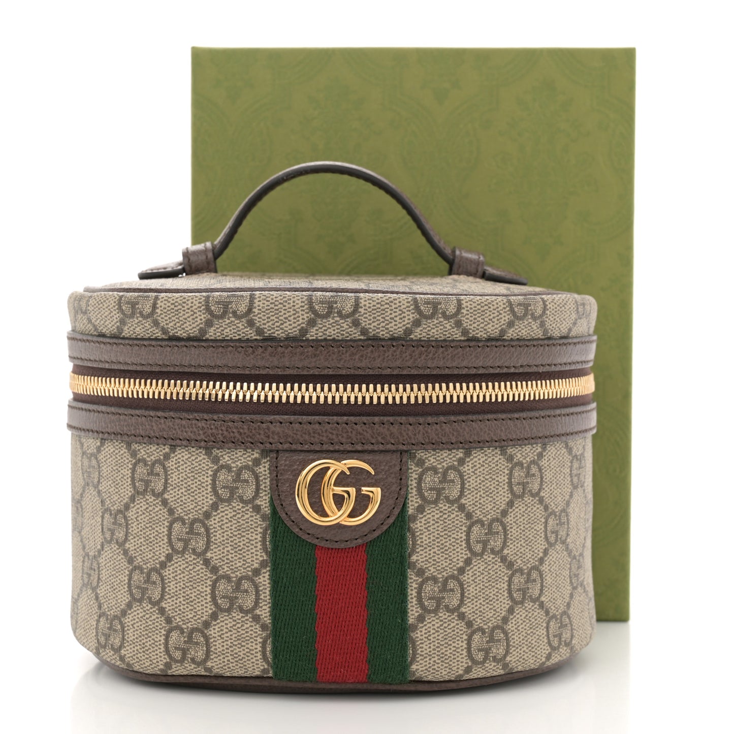 GG Supreme Monogram Textured Calfskin Web Ophidia Vanity Cosmetic Case Beige Ebony New Acero