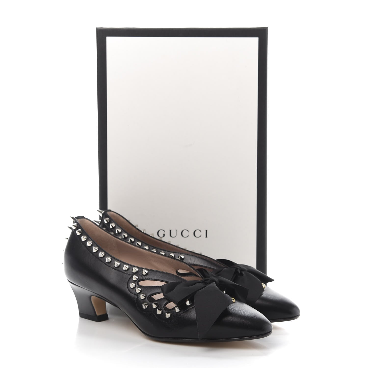 Gucci Malaga Kid Bow Spike Berith Low Heel Pumps 37.5 Black 10 of 10