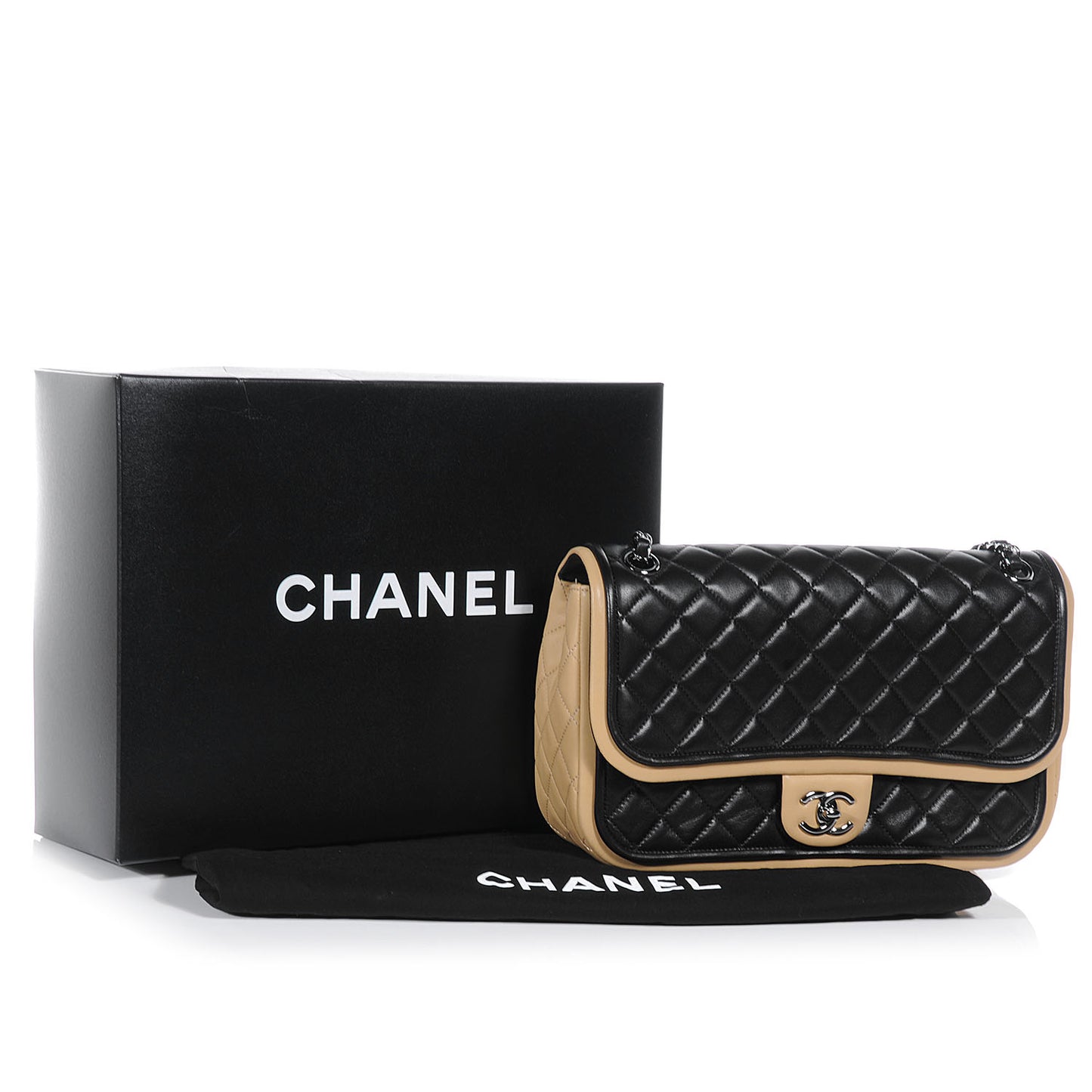 Lambskin Quilted Jumbo Classic Twist Flap Bag Black Beige