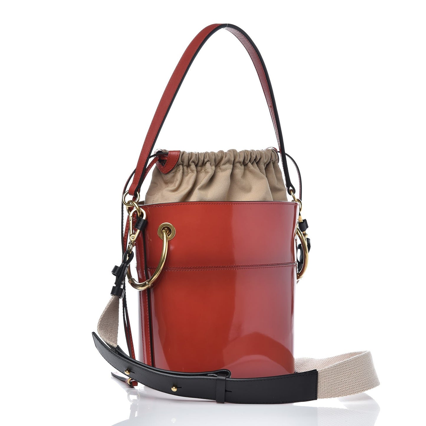 Patent Calfskin Small Roy Bucket Bag Earthy Red