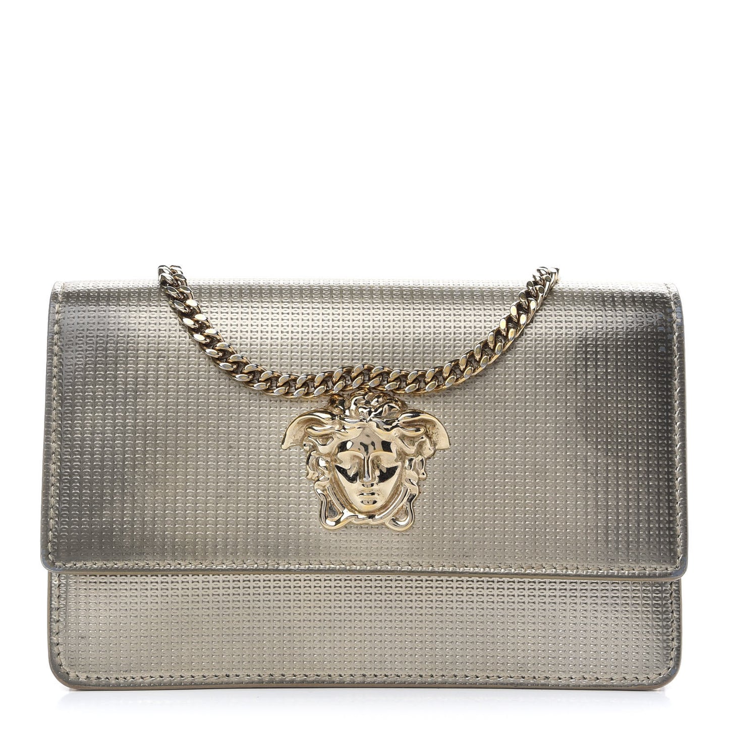 Patent Embossed Medusa Evening Clutch Bag Gold