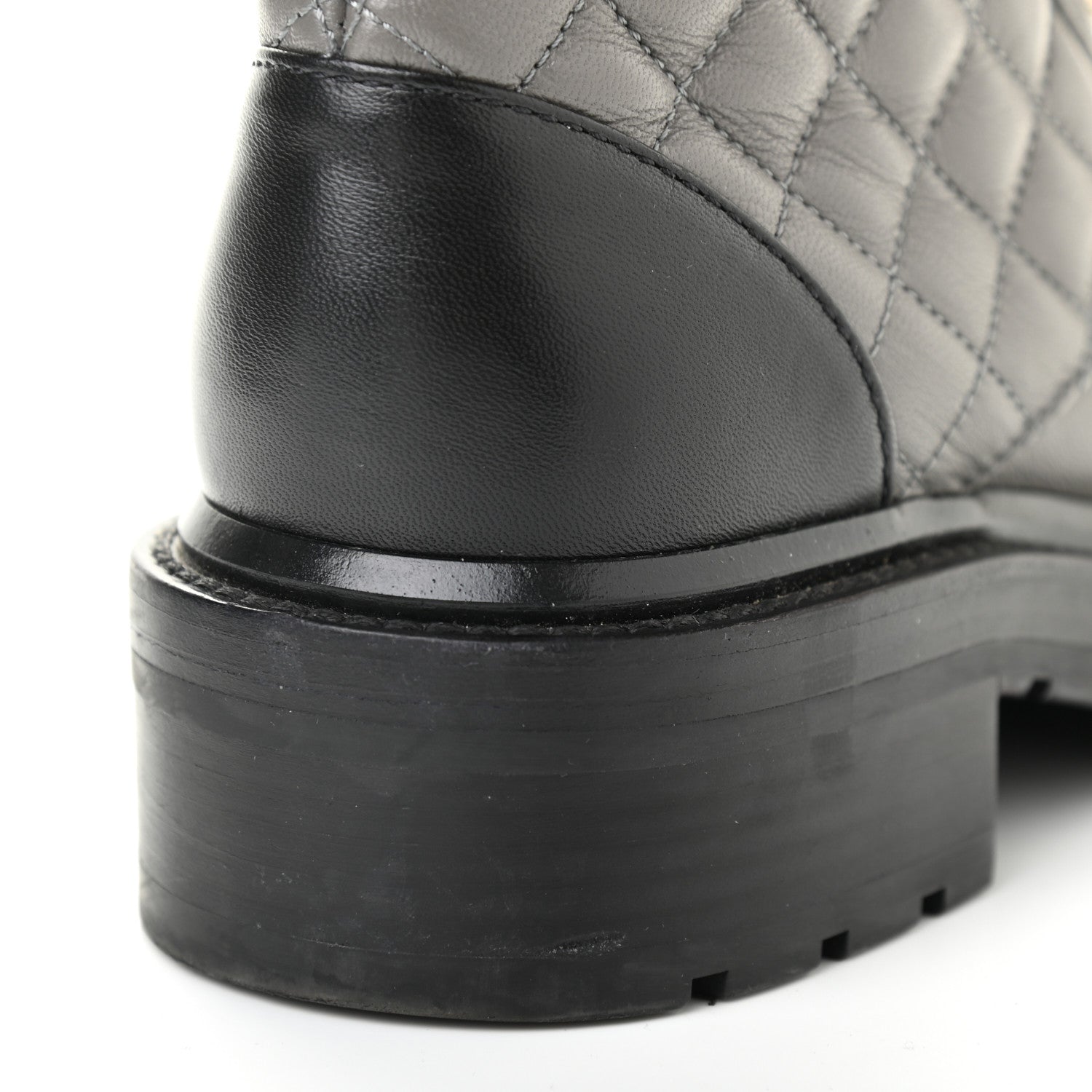Chanel Shiny Lambskin Quilted Lace Up Combat Boots 36 Grey Black 10 of 13