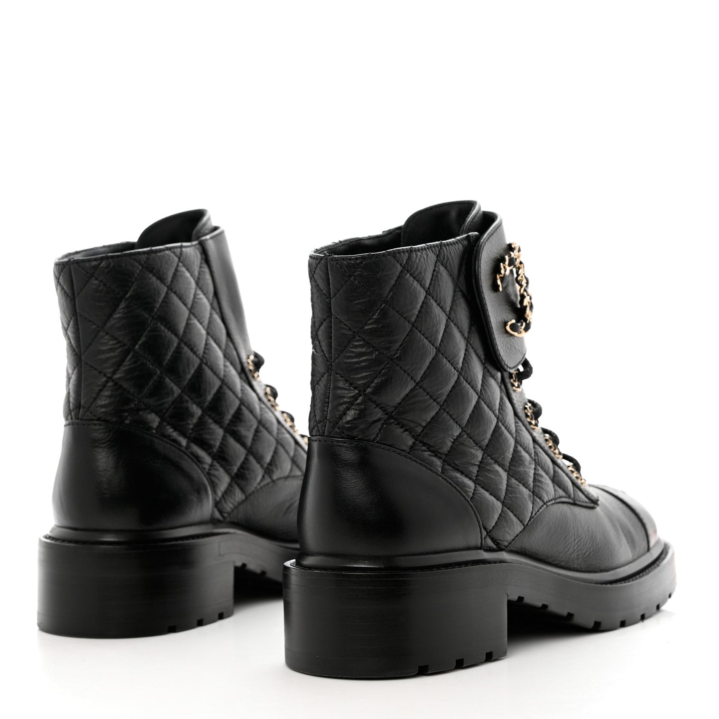 Shiny Goatskin Calfskin Quilted Lace Up Combat Boots 39 Black