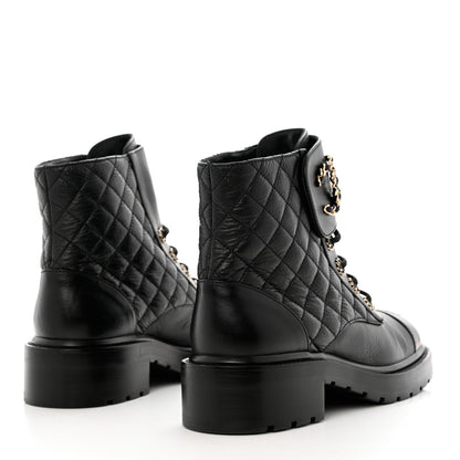 Chanel Shiny Goatskin Calfskin Quilted Lace Up Combat Boots 39 Black 4 of 10