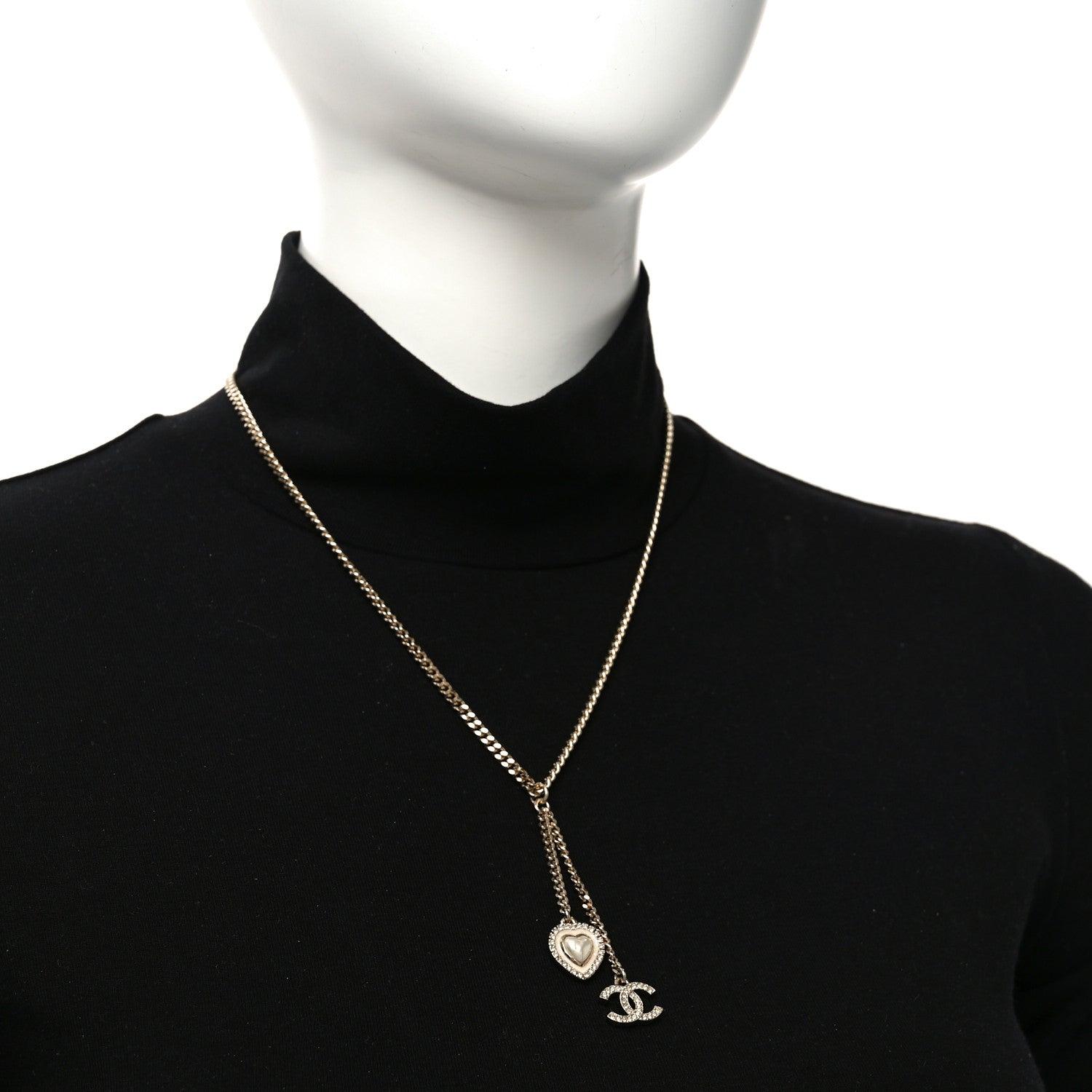 Chanel Pearl Crystal CC Heart Necklace Gold Pearly White 2 of 5