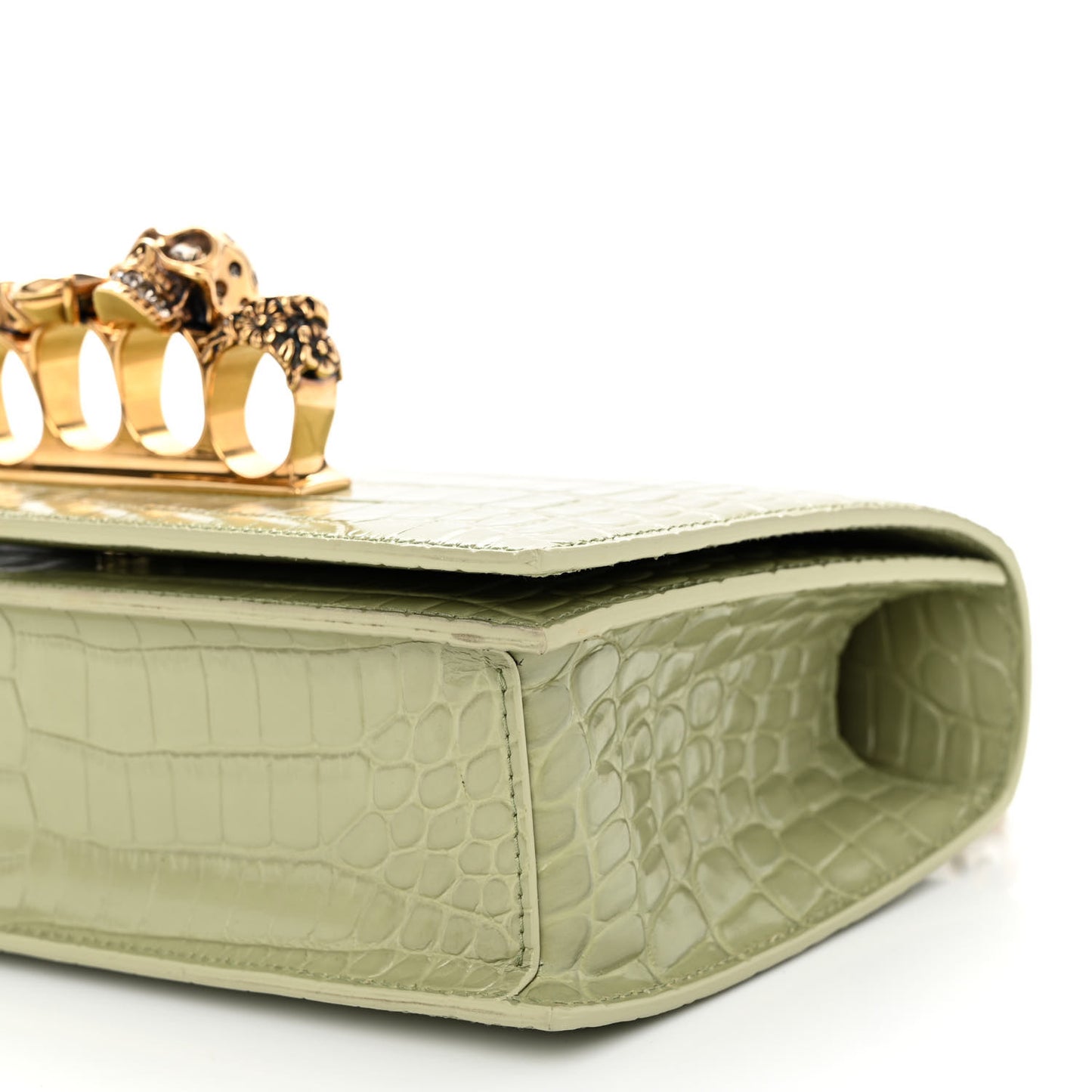 Shiny Crocodile Embossed Jeweled Satchel Sage