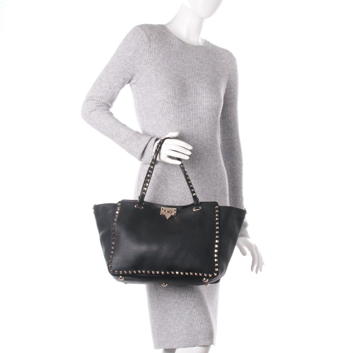 Valentino Garavani Alce Printed Calfskin Medium Rockstud Tote Black 2 of 8