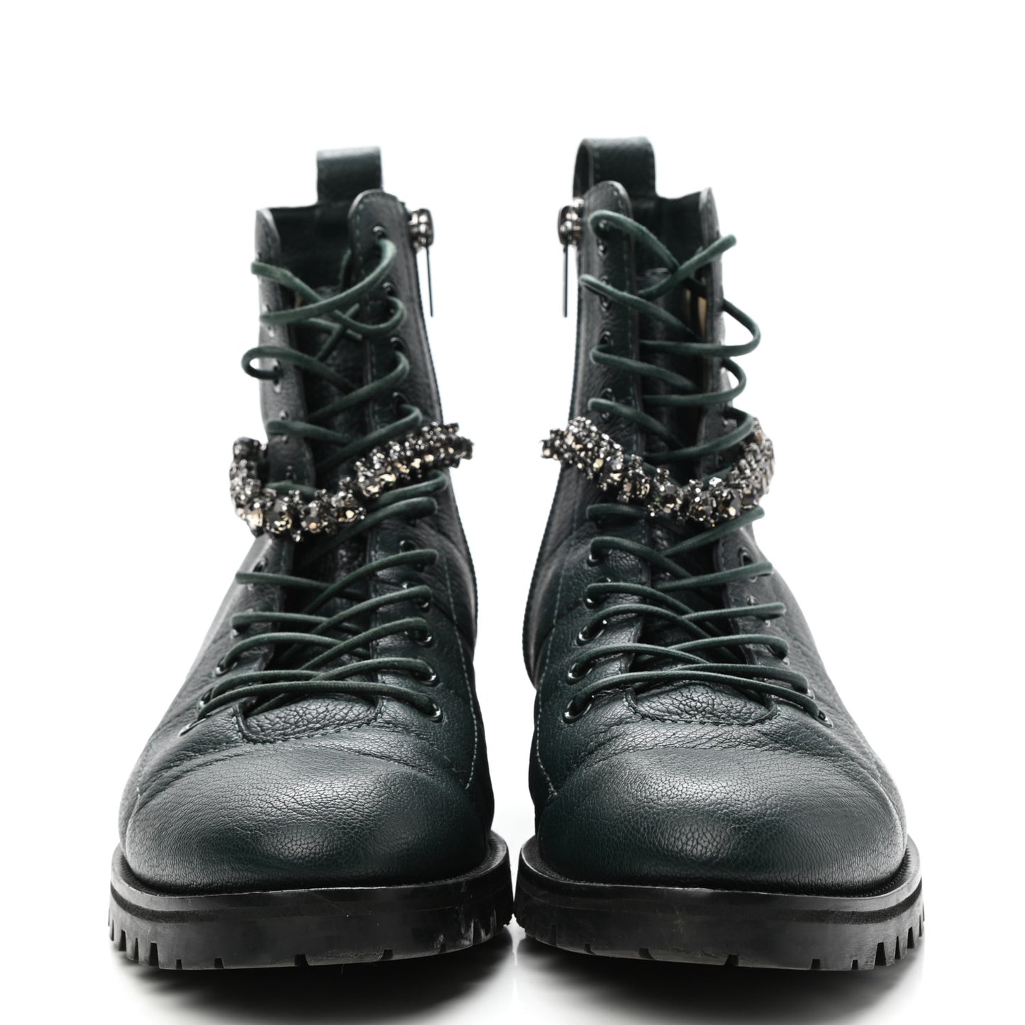 Grained Calfskin Crystal Embellished Cruz Combat Boots 40 Dark Green