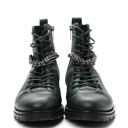 Jimmy Choo Grained Calfskin Crystal Embellished Cruz Combat Boots 40 Dark Green 2 of 11
