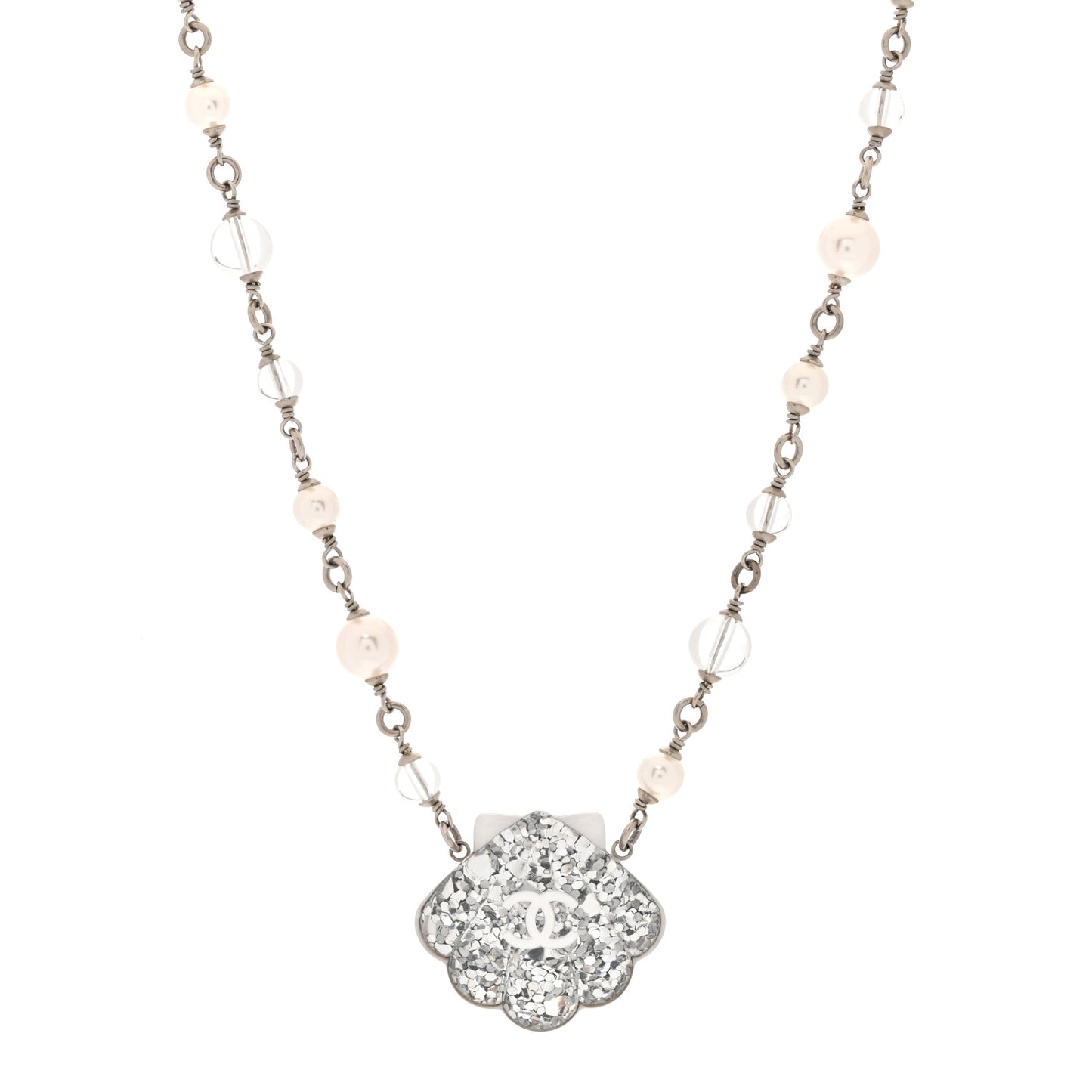 Pearl Resin Glitter CC Shell Necklace Silver