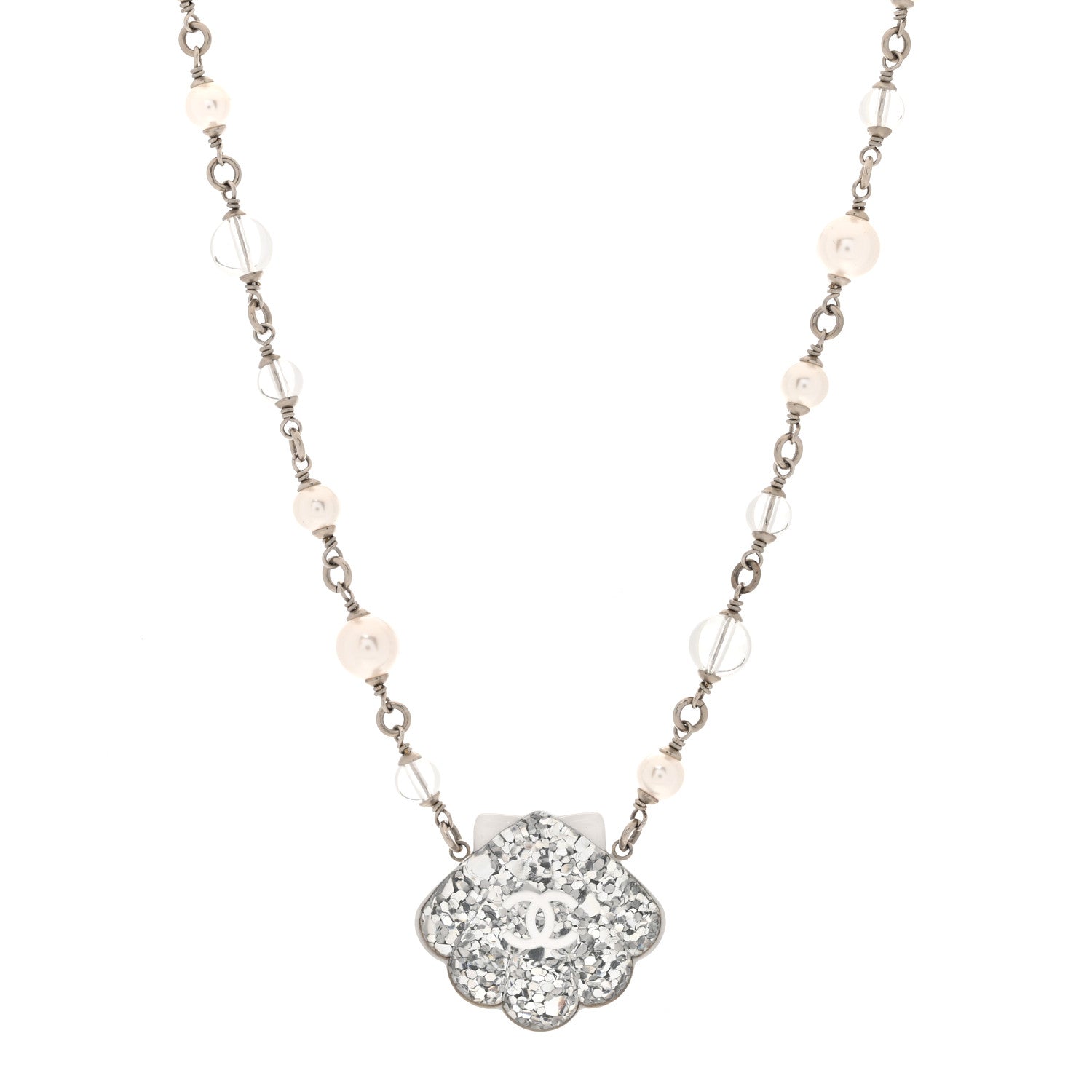 Chanel Pearl Resin Glitter CC Shell Necklace Silver 1 of 5