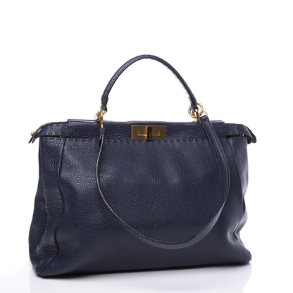 Fendi Cuoio Romano Raffia Selleria Large Peekaboo Iconic Satchel Navy 2 of 9