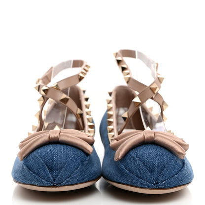Valentino Garavani Denim Rockstud Bow Ankle Strap Ballerina Flats 41.5 Blue Rose Cannelle 2 of 9