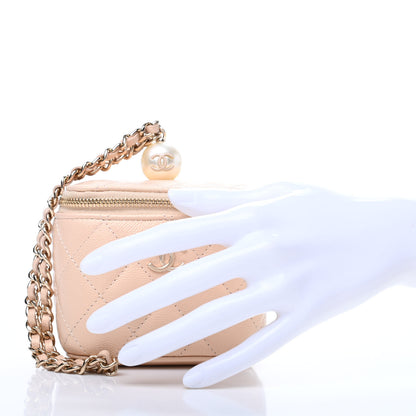 Chanel Iridescent Caviar Quilted Mini Pearl On Top Vanity Case With Chain Beige 2 of 9