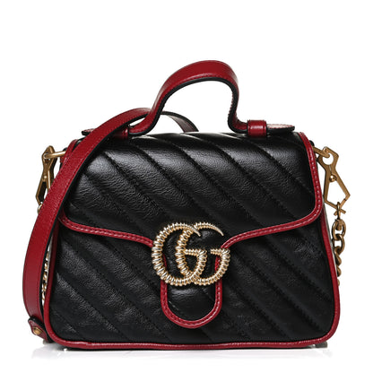 Gucci Vintage Effect Calfskin Matelasse Diagonal Small Torchon GG Marmont Top Handle Shoulder Bag Black Romantic Cherry 1 of 13